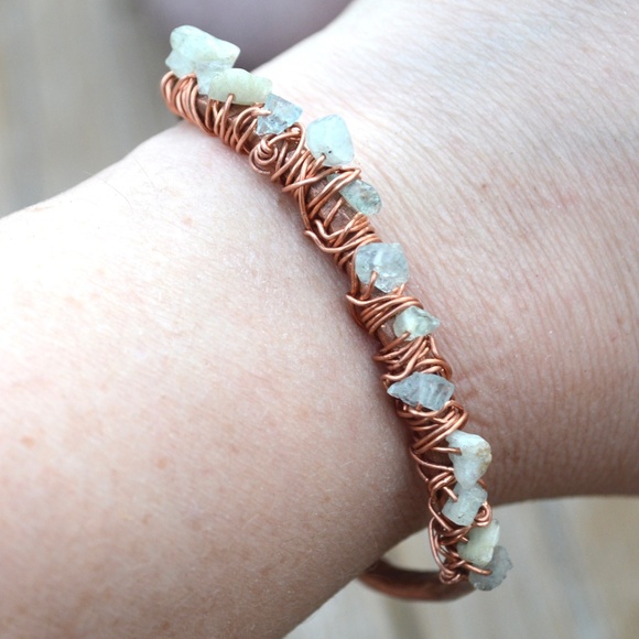 Genuine Aquamarine Gemstone Copper Cuff Bracelet - Picture 4 of 8